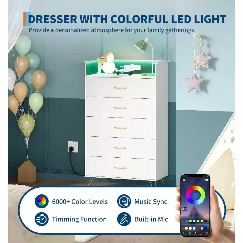 Cassettiera a 5 cassetti con luci LED e stazione di ricarica – Nero/Rosa/Bianco, per 1 persona