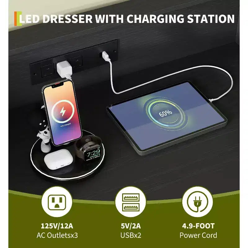 Cassettiera a 5 cassetti con luci LED e stazione di ricarica – Nero/Rosa/Bianco, per 1 persona