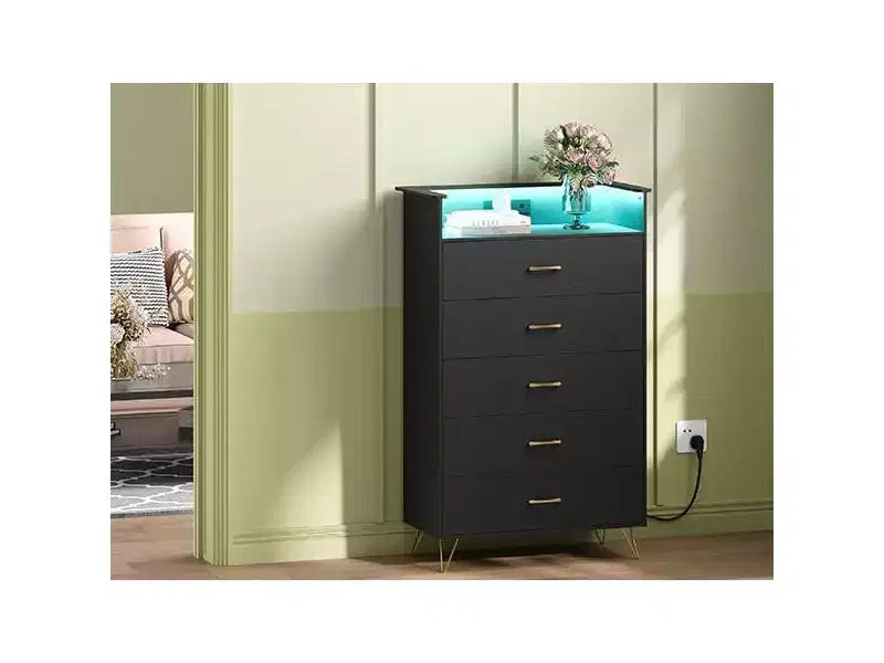 5 Drawer Dresser with Charging Station & LED Lights  Tall Wooden Chest for Bedroom, Living Room, Hallway  Space-Saving Narrow Storage Cabinet