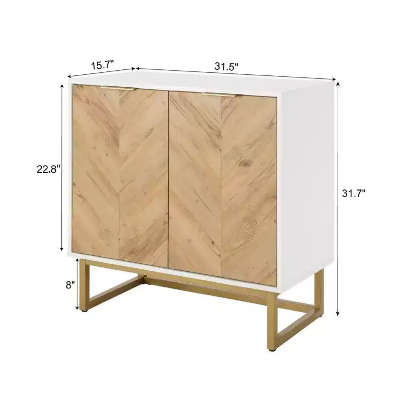 Mobile credenza a 2 ante con motivo Chevron, in legno bianco e naturale, con base in metallo nero