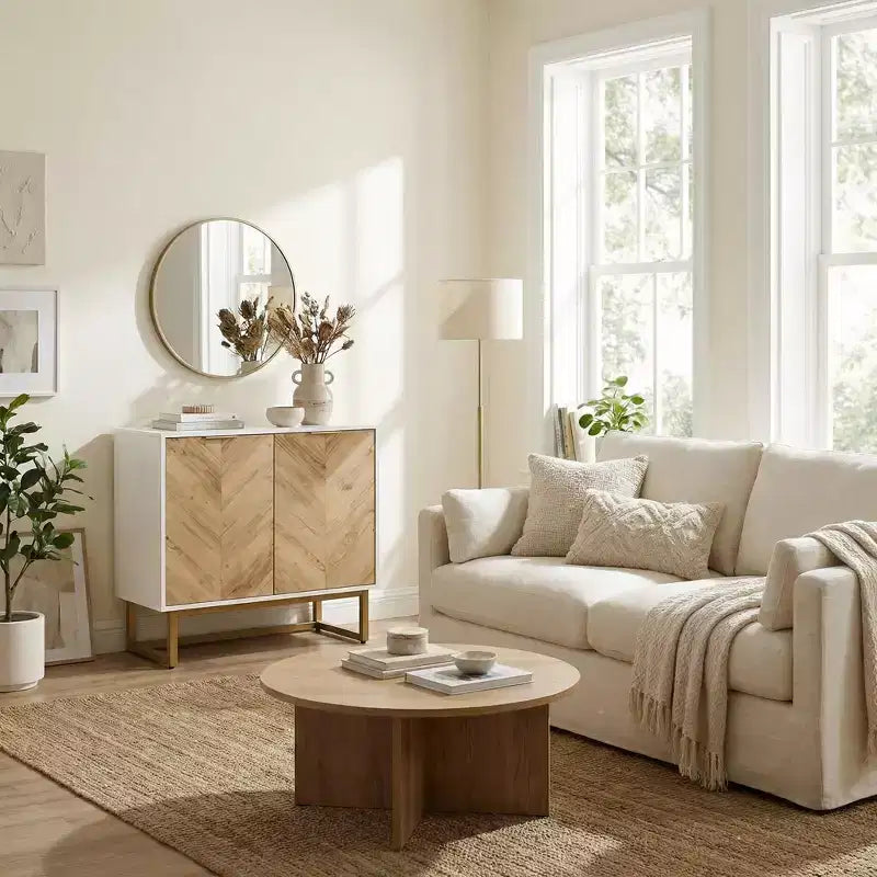 Mobile credenza a 2 ante con motivo Chevron, in legno bianco e naturale, con base in metallo nero