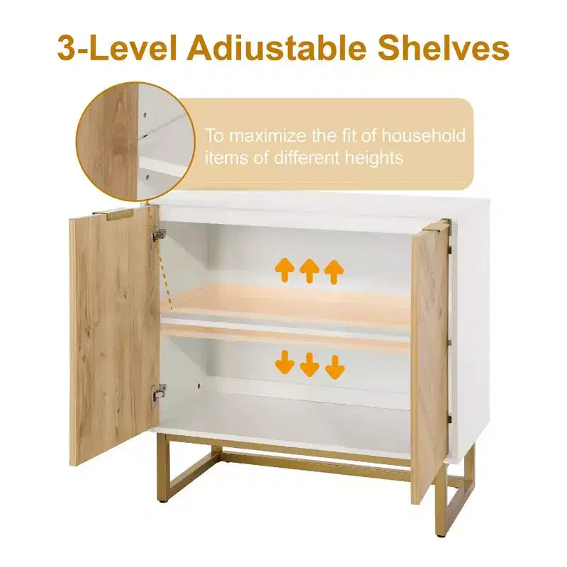 Mobile credenza a 2 ante con motivo Chevron, in legno bianco e naturale, con base in metallo nero