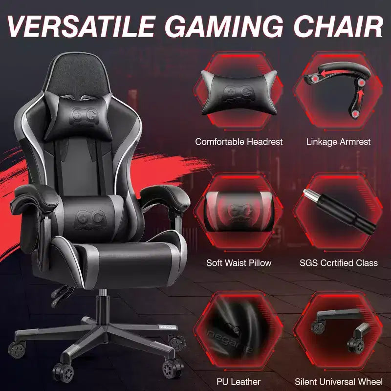 Sedia da ufficio con schienale alto in pelle PU con poggiatesta e braccioli regolabili, sedile singolo (nero/marrone/grigio)