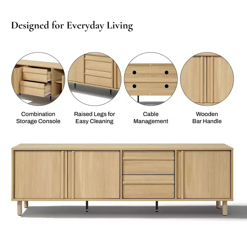 Mobile TV moderno rovere marrone da 180 cm con cassetti e ante, adatto per TV fino a 75"