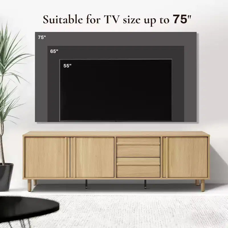 Mobile TV moderno rovere marrone da 180 cm con cassetti e ante, adatto per TV fino a 75"