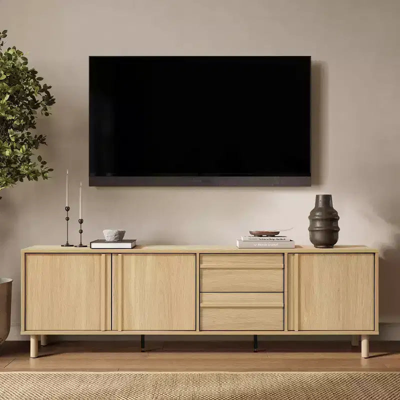 Mobile TV moderno rovere marrone da 180 cm con cassetti e ante, adatto per TV fino a 75"