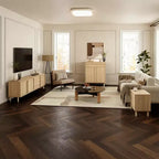 Mobile TV moderno rovere marrone da 180 cm con cassetti e ante, adatto per TV fino a 75"