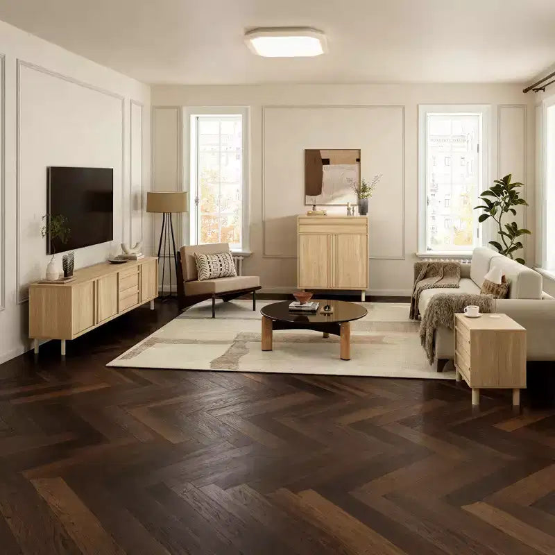 Mobile TV moderno rovere marrone da 180 cm con cassetti e ante, adatto per TV fino a 75"