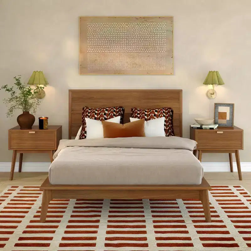 Struttura letto matrimoniale Natural Wood Tambour Headboard, stile Mid-Century, per una persona
