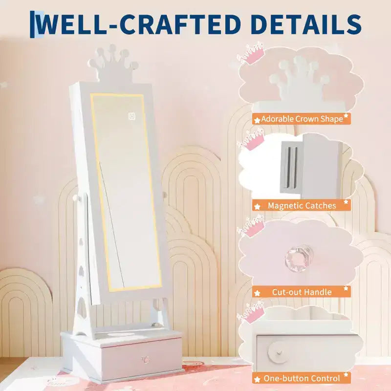 Portagioie verticale per bambini rosa/bianco con specchio a figura intera e luci LED, 1 bambino