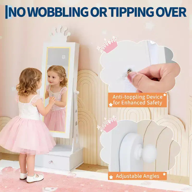 Portagioie verticale per bambini rosa/bianco con specchio a figura intera e luci LED, 1 bambino
