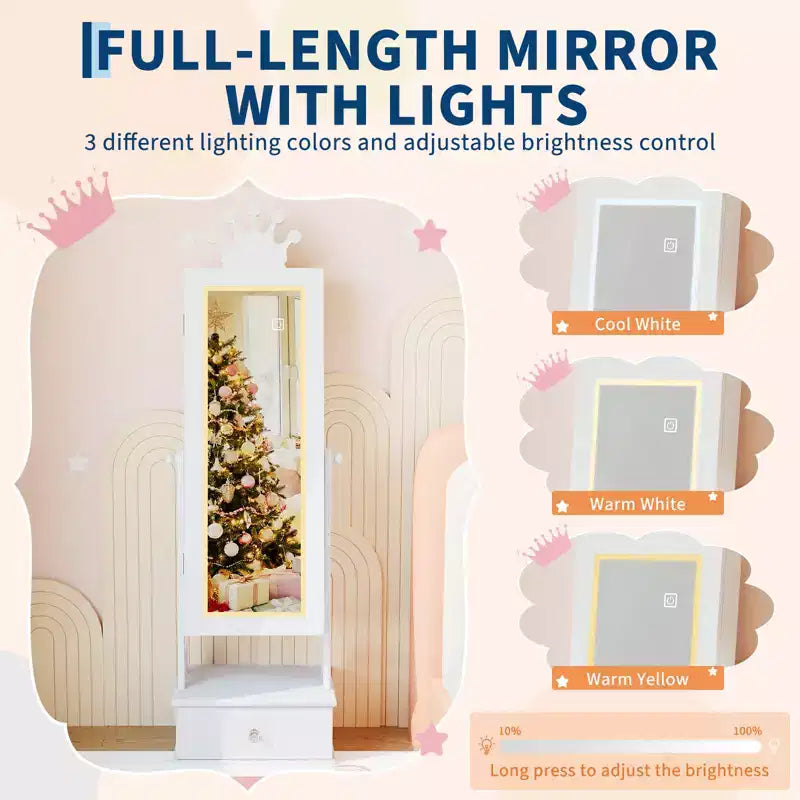 Portagioie verticale per bambini rosa/bianco con specchio a figura intera e luci LED, 1 bambino