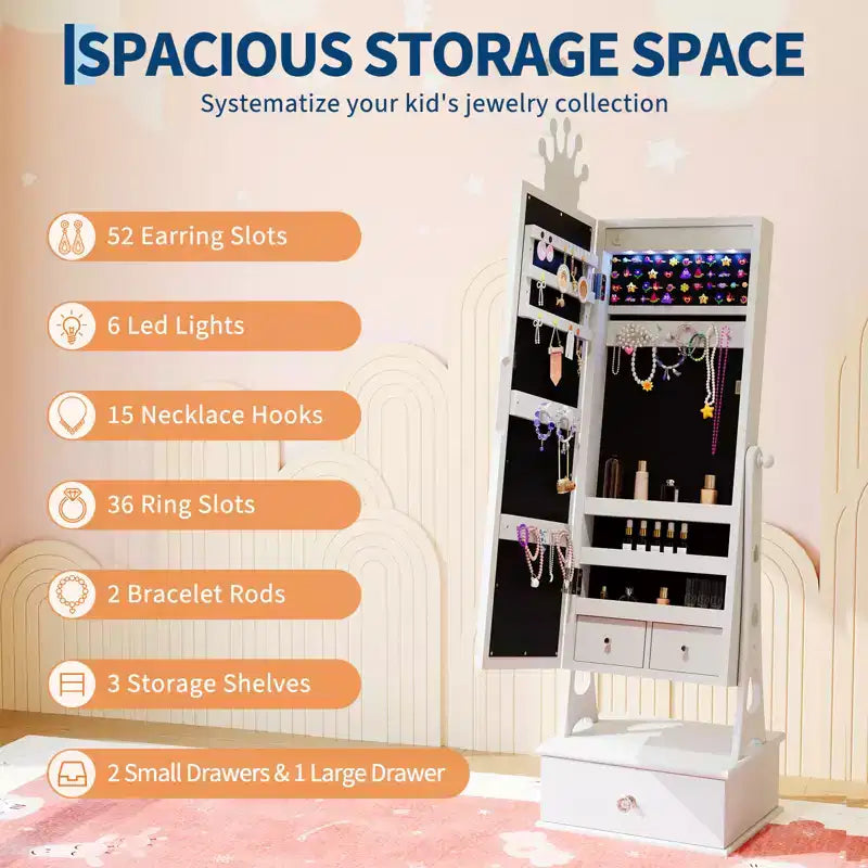 Portagioie verticale per bambini rosa/bianco con specchio a figura intera e luci LED, 1 bambino