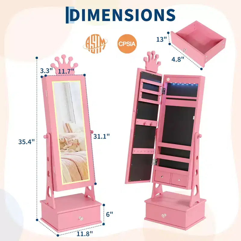 Portagioie verticale per bambini rosa/bianco con specchio a figura intera e luci LED, 1 bambino