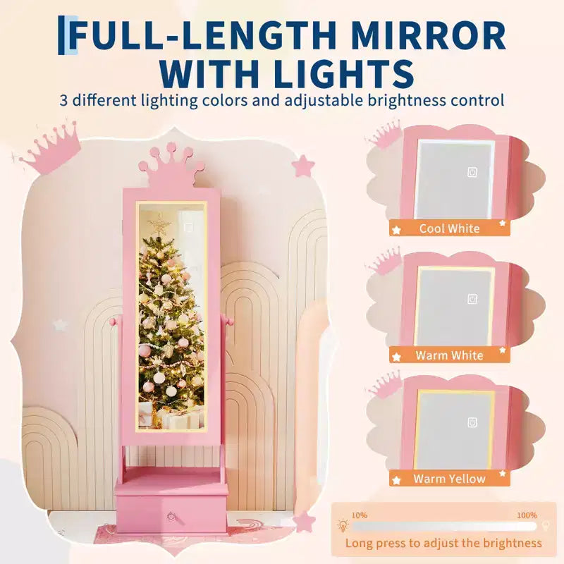 Portagioie verticale per bambini rosa/bianco con specchio a figura intera e luci LED, 1 bambino
