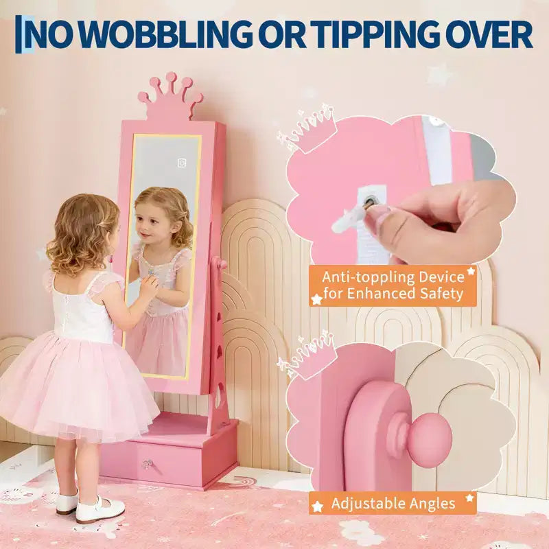 Portagioie verticale per bambini rosa/bianco con specchio a figura intera e luci LED, 1 bambino