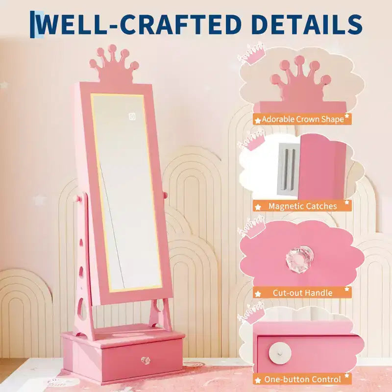 Portagioie verticale per bambini rosa/bianco con specchio a figura intera e luci LED, 1 bambino