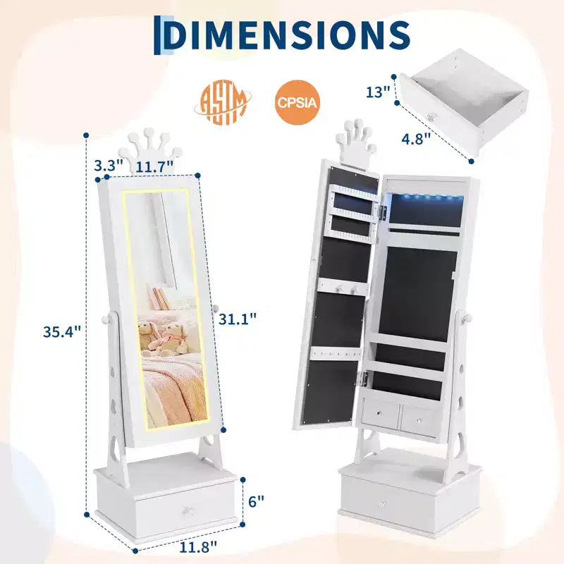 Portagioie verticale per bambini rosa/bianco con specchio a figura intera e luci LED, 1 bambino
