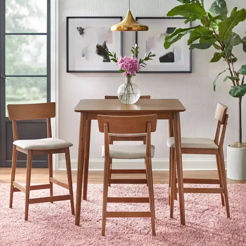 Sgabello da bancone in lino moka e noce, senza braccioli, set da 2, stile metà secolo