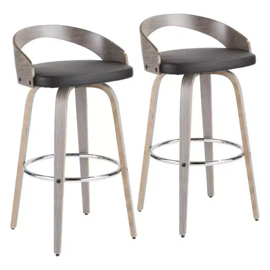 LumiSource Set of 2 29.5" Grotto Mid-Century Modern Barstools Light Gray/Black: Swivel, Wood Legs, Upholstered