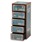 Cassettiera blu a 5 cassetti, stile vintage, maniglie ad anello dorate