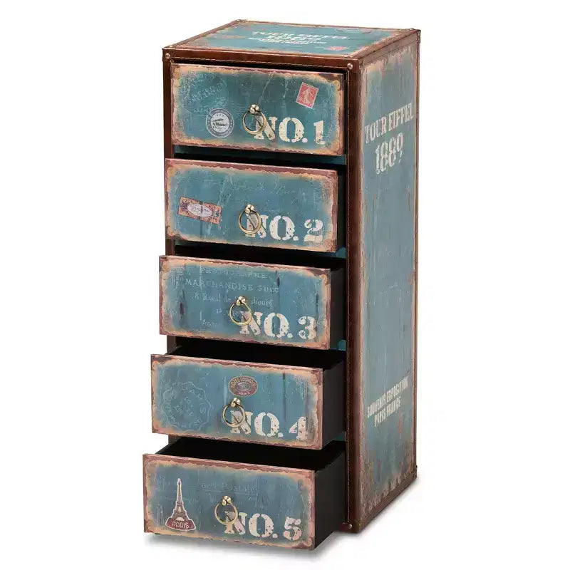 Cassettiera blu a 5 cassetti, stile vintage, maniglie ad anello dorate