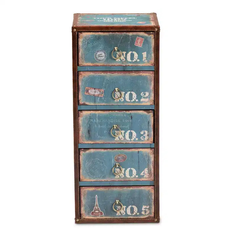 Cassettiera blu a 5 cassetti, stile vintage, maniglie ad anello dorate