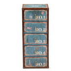 Cassettiera blu a 5 cassetti, stile vintage, maniglie ad anello dorate