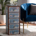 Cassettiera blu a 5 cassetti, stile vintage, maniglie ad anello dorate