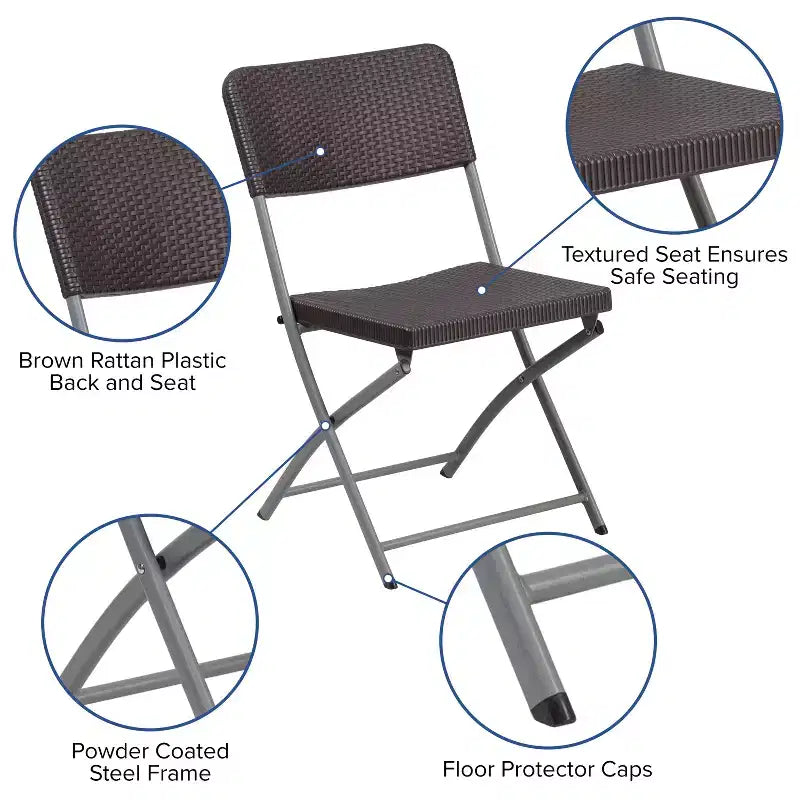 Sedia pieghevole in plastica effetto rattan marrone con struttura grigia, set da 2