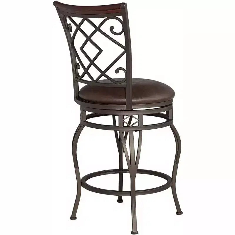 Sgabello girevole da bancone in similpelle marrone, struttura in metallo bronzo, 1 posto