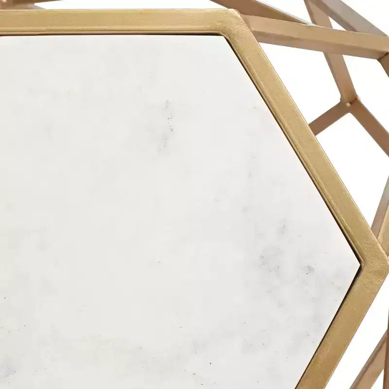 Tavolino Esagonale d'Appoggio in Marmo Bianco e Oro, Singolo