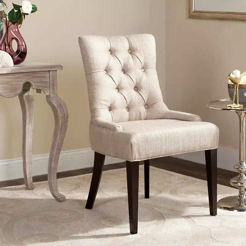 Sedia da pranzo senza braccioli, trapuntata con borchie decorative, 1 posto - Oro antico / Panna opaca / Tortora