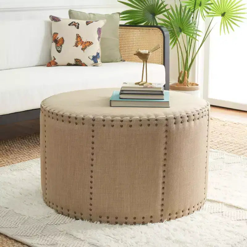 Pouf rotondo beige, lino, 2 posti a sedere