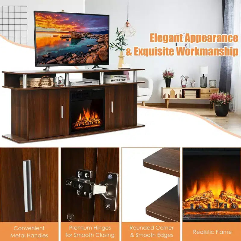 Mobile TV con caminetto elettrico in noce, 1500W, per TV fino a 70"
