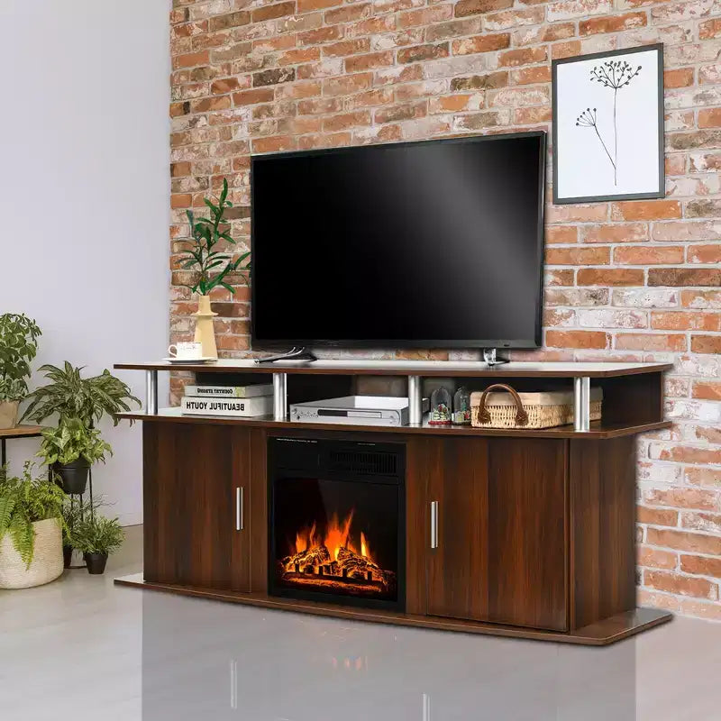 Mobile TV con caminetto elettrico in noce, 1500W, per TV fino a 70"
