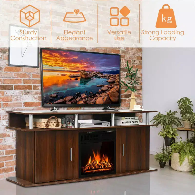 Mobile TV con caminetto elettrico in noce, 1500W, per TV fino a 70"