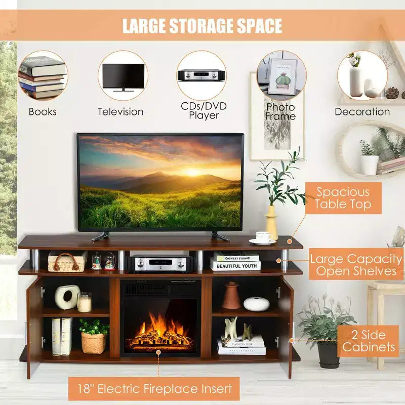 Mobile TV con caminetto elettrico in noce, 1500W, per TV fino a 70"