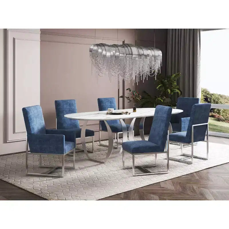 Sedia da pranzo con braccioli in velluto blu/champagne, set da 8