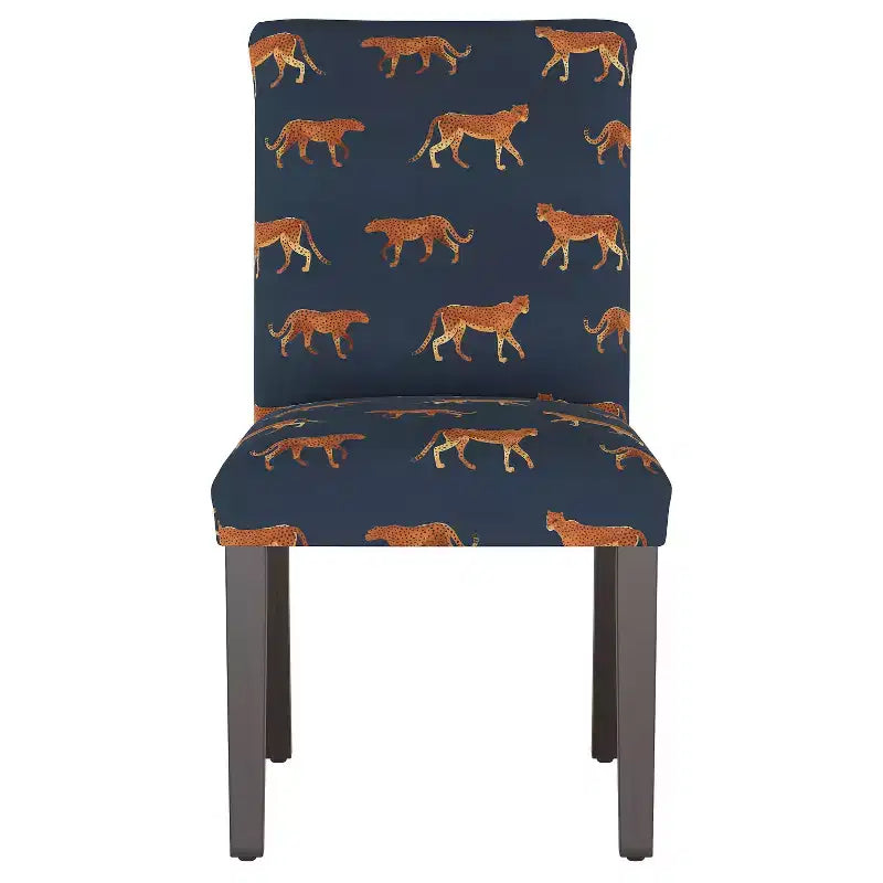 Sedia da pranzo imbottita blu navy/stampa animalier, schienale a botte senza braccioli, 1 posto