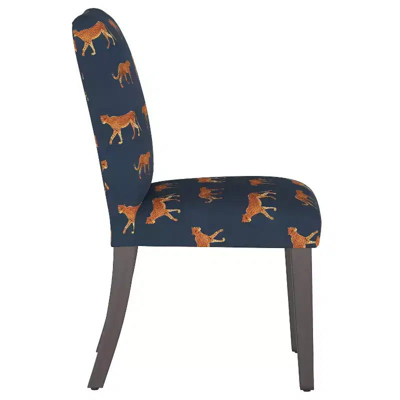 Sedia da pranzo imbottita blu navy/stampa animalier, schienale a botte senza braccioli, 1 posto