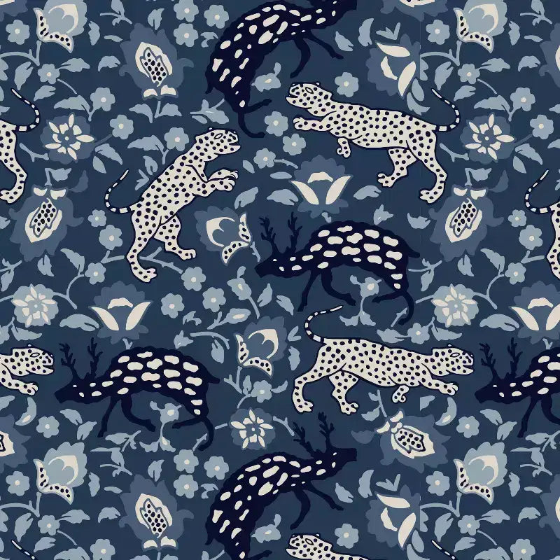 Sedia da pranzo imbottita blu navy/stampa animalier, schienale a botte senza braccioli, 1 posto