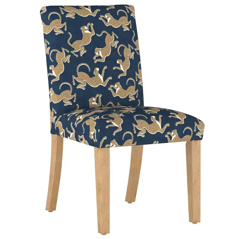 Sedia da pranzo imbottita blu navy/stampa animalier, schienale a botte senza braccioli, 1 posto