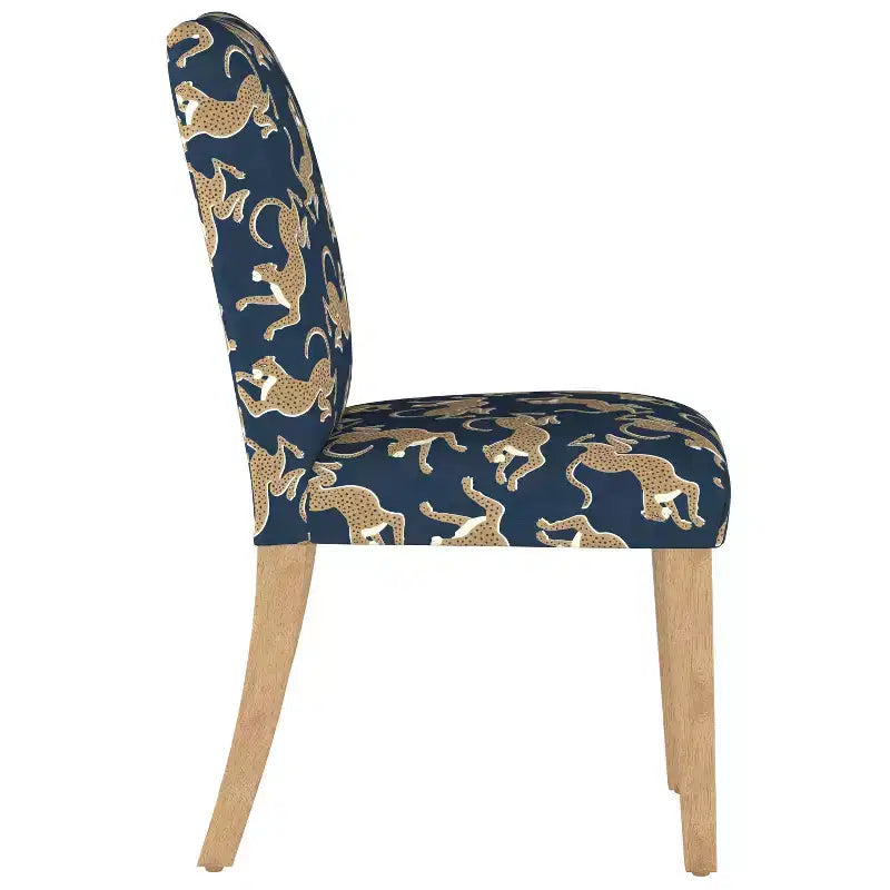 Sedia da pranzo imbottita blu navy/stampa animalier, schienale a botte senza braccioli, 1 posto