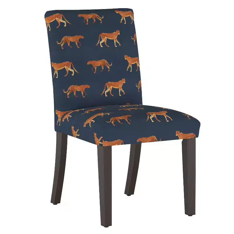 Sedia da pranzo imbottita blu navy/stampa animalier, schienale a botte senza braccioli, 1 posto