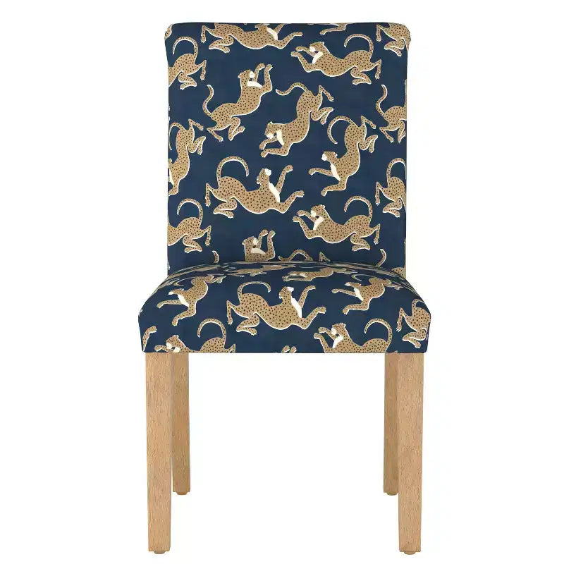Sedia da pranzo imbottita blu navy/stampa animalier, schienale a botte senza braccioli, 1 posto
