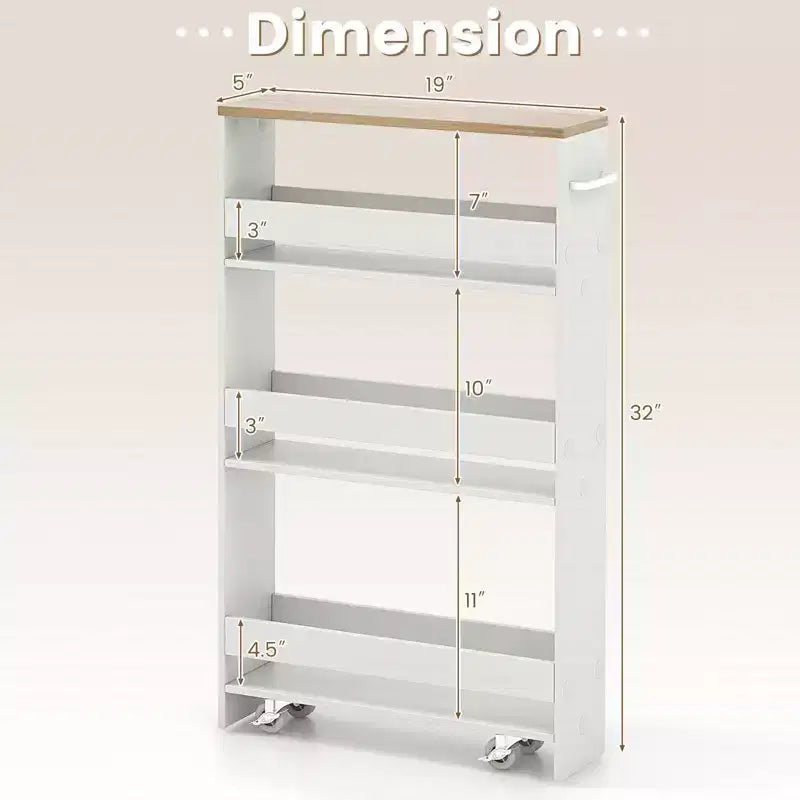 Carrello portaoggetti sottile bianco a 4 ripiani con rotelle e maniglia