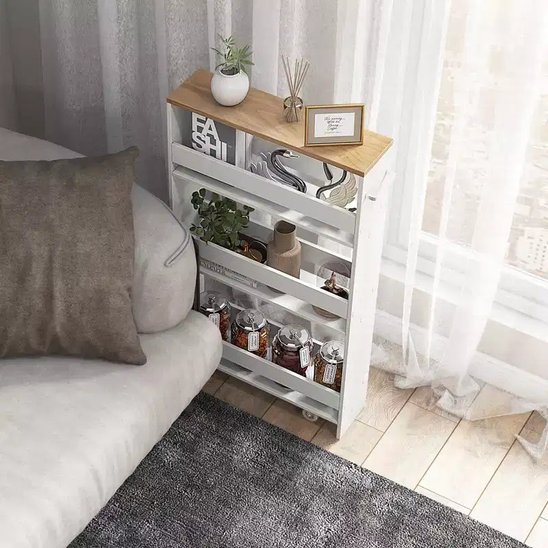 Carrello portaoggetti sottile bianco a 4 ripiani con rotelle e maniglia